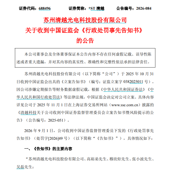 涉欺诈发行	、信披违法，*ST清越被罚1.72亿元	，股票濒临退市